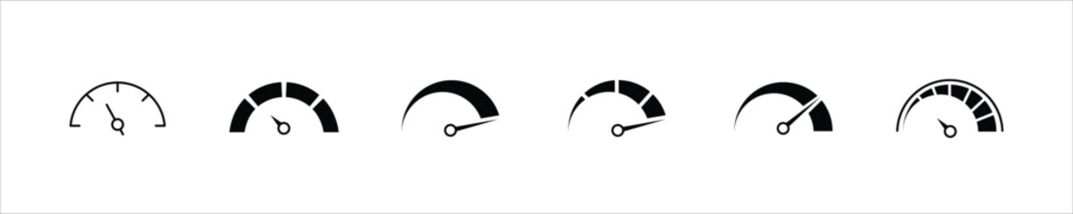 Speed signs. Speedometer black icons set. Speed indicators with arrows. Fast speed. Internet speed, gauge, dashboard, indicator, tachometer, scale. Credit score indicator. Risk levels meter icon