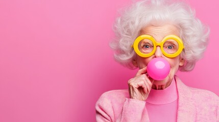 Woman in a pink shirt and yellow glasses blowing a pink bubble. Concept of playfulness and fun, as the woman is engaging in a lighthearted activity