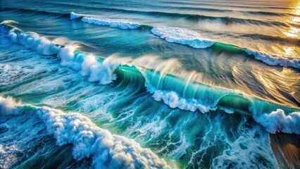An aerial view of majestic ocean waves crashing on the shore, illuminated by the warm glow of the setting sun, creating a breathtaking spectacle of nature's power and beauty.