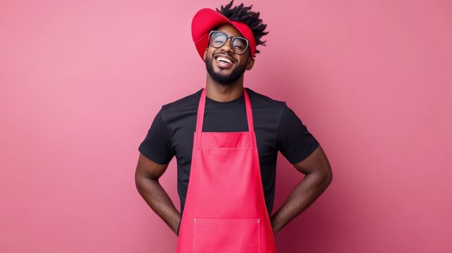 Man in a red apron and a red hat is smiling. He is wearing glasses and has a black shirt