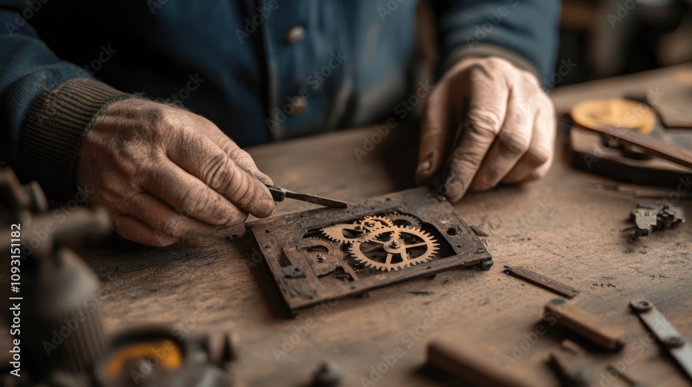 Poster Detailed Craftsmanship of Clock Repair with a Skilled Artisan Working on Intricate Gears and Mechanisms in a Vintage Workshop Setting