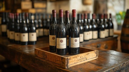 A collection of exquisite wine bottles elegantly arranged on a rustic wooden table in a cozy wine cellar, showcasing a sense of tradition and craftsmanship