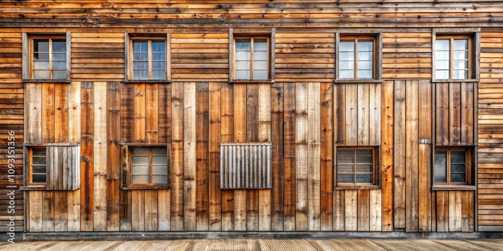 Poster rustic wooden wall with multiple windows of varying sizes and styles, showcasing an architectural pa