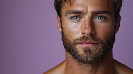 Obraz premium Man with a beard and blue eyes. He is looking at the camera. The background is purple