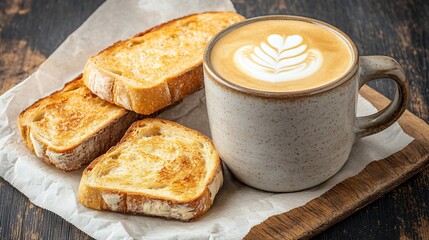 Frothy Latte and Toasted Whole Wheat Bread in Rustic Ceramic Mug on Wooden Surface