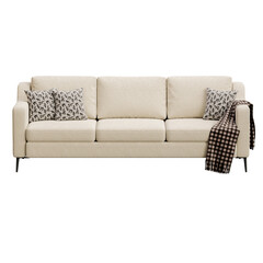 A white couch with a brown and black blanket draped over it