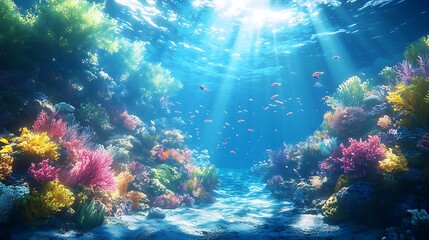 Fototapeta premium Vibrant underwater world with sunbeams filtering through the ocean's blue depths