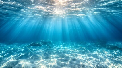 Fototapeta premium Blue underwater ocean view illuminated by sunlight breaking through the surface