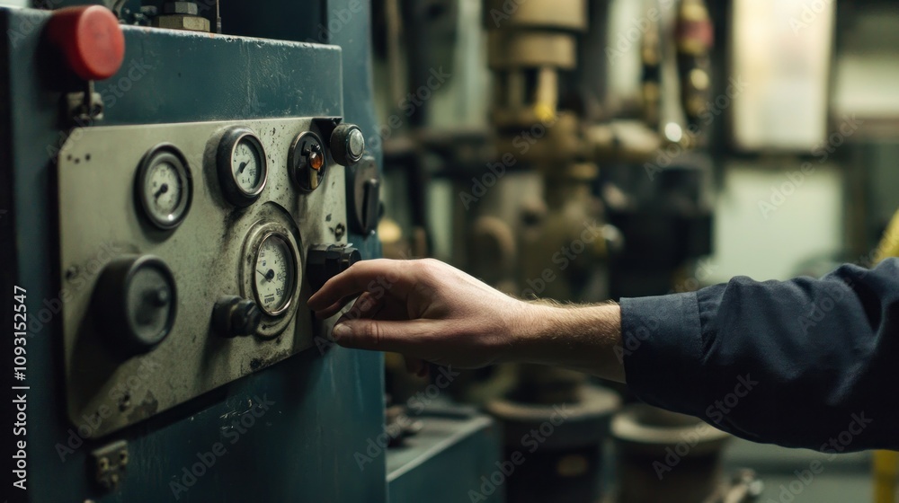 Poster A Hand Adjusting a Gauge on a Machine in a Factory