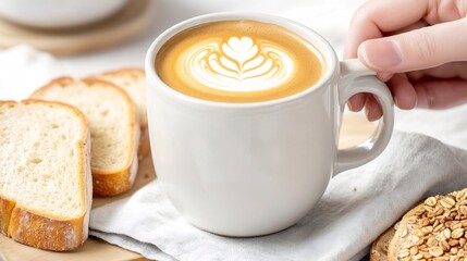 Cozy Flat lay of Artisanal Coffee Mug and Whole Grain Bread Setup on Wooden Table
