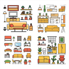 house furniture flat icon vector bundle set, Outline furniture flat icon vector set, interior room furniture flat icon