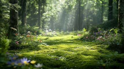 A serene forest scene with vibrant greenery, dappled sunlight filtering through trees, and a lush, flower-strewn path inviting exploration.