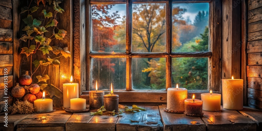 Poster a rustic window view with burning candles on a wooden sill, bathed in warm light