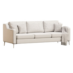 A white couch with pillows and a blanket on it