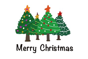 Hand drawn picture of Christmas trees and text Merry Christmas. Illustration for education. Concept, greeting card. Holiday and festival celebration.
