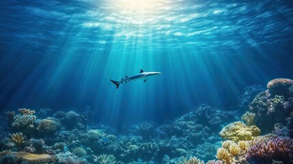 Fototapeta premium A coral reef with a shark gliding calmly above, sunlight streaming through the clear blue water 