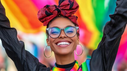Woman wearing a colorful outfit and glasses is smiling and holding a rainbow flag. Concept of joy and celebration, likely related to a pride event or festival
