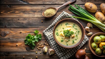 Creamy potato soup with fresh herbs and vegetables, served in a rustic bowl on a wooden table