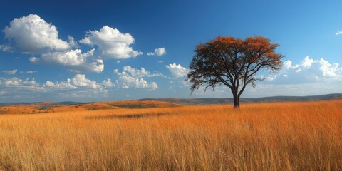 Obraz premium A solitary tree stands gracefully amidst a vast, golden grassland under a vibrant blue sky, dotted with fluffy clouds, creating a picturesque landscape
