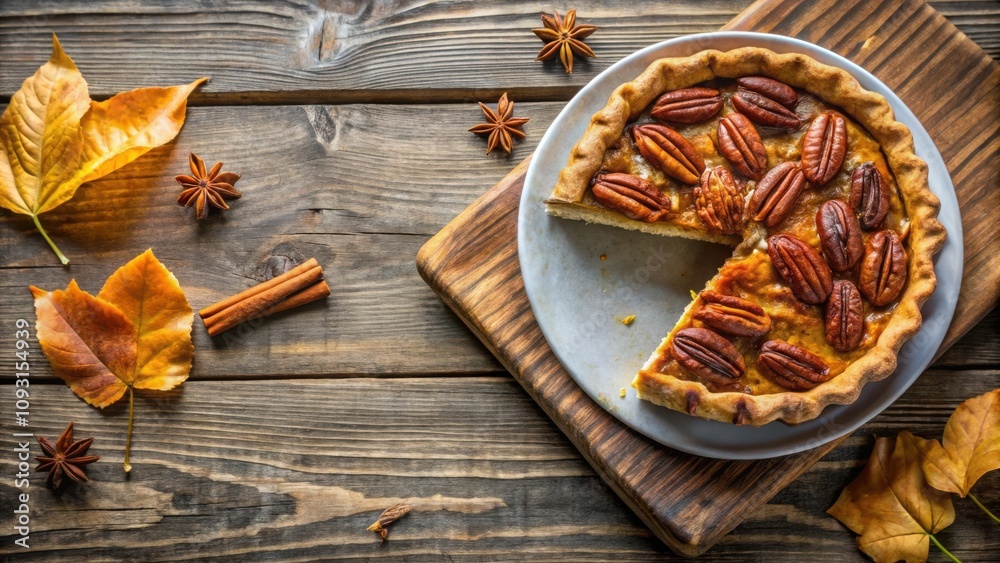 Poster a slice of pecan pie on a rustic wooden table with autumn leaves and spices.