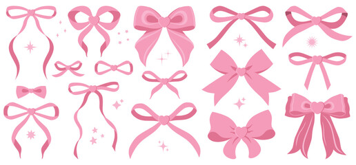 Bows with hearts in cartoon style. Cute trendy design. Vector funky illustration.Love, valentine, sparkle, ballet, coquette.Card design elements. Party invitation, birthday set. Bowknot for decoration