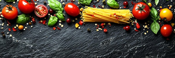 Food ingredients for italian pasta, spaghetti on black stone slate background. Copy space of your text. Banner , isolated on white background, , copy space, copy space for text,