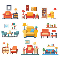 house furniture flat icon vector bundle set, Outline furniture flat icon vector set, interior room furniture flat icon