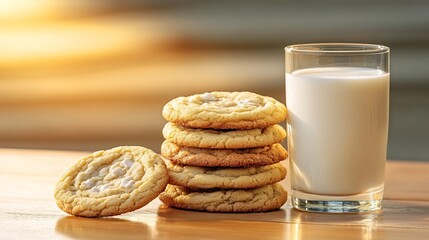 Stacked Homemade Cookies with Refreshing Milk Illuminated by Warm Sunlight