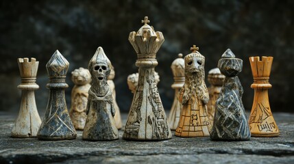 Epic chess game featuring intricate pieces on a rustic surface captivating visuals and an engaging strategy concept