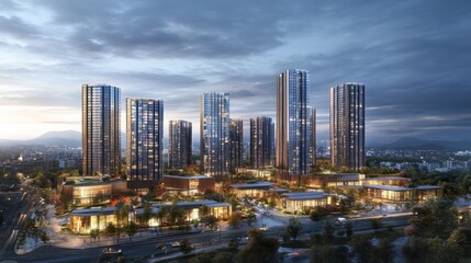 Naklejka premium Modern Urban Skyline with Glass High-Rise Buildings Under Dusk Sky Illuminated by City Lights and Natural Surroundings in a Vibrant Residential Area