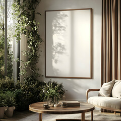 Illustration - Cozy Living Room Interior with Blank Frame, Plants, and Sunlight