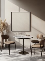 Modern Dining Room with Empty Black Frame, Round Marble Table, and Three Side Tables