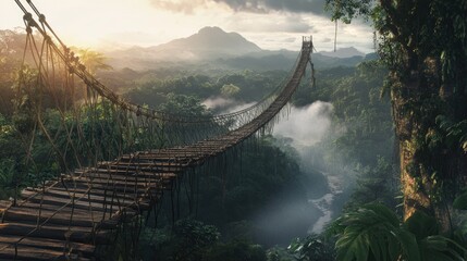 Fototapeta premium A rope bridge swaying over a tropical rainforest valley, mist rising in the distance 