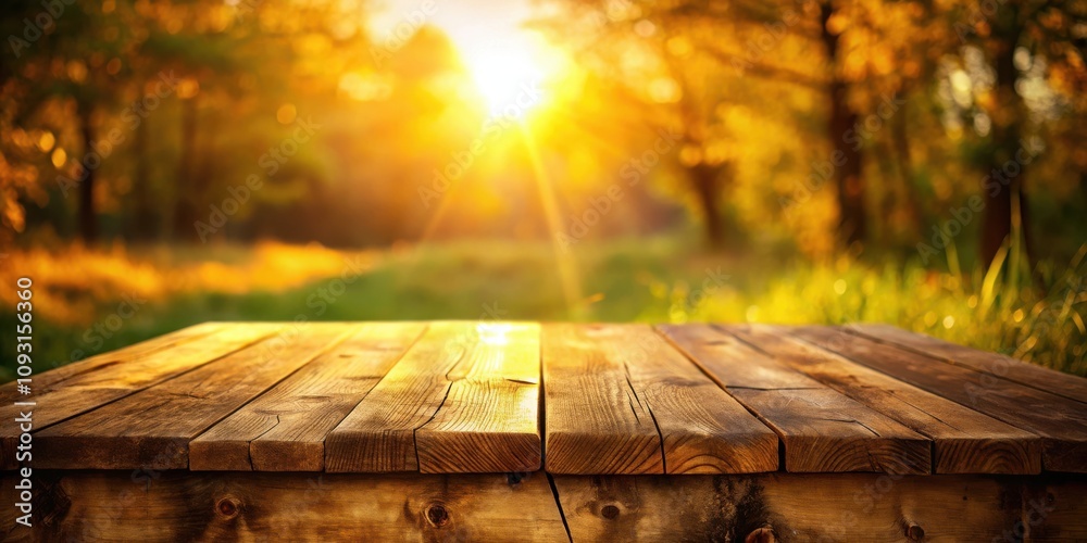 Poster rustic wooden table with a warm, golden glow of sunset filtering through a background of blurred fol