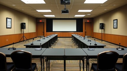 Unoccupied conference room with microphones set up for a press conference or meeting.