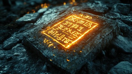 Unveiling ancient mysteries glowing runes on an ancient tablet in a mystical landscape fantasy concept