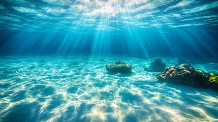 Shimmering underwater ocean landscape with light rays breaking through clear water