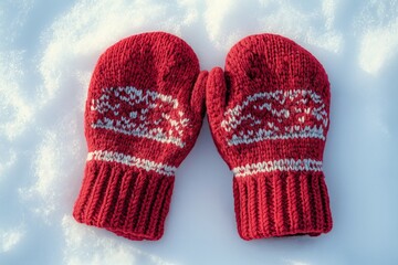 Red knitted mittens resting on a blanket of fresh snow