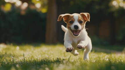 Playful puppy running on grass outdoor park animal imagery lush environment ground level perspective joyful moment
