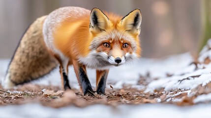 Fototapeta premium Captivating Close up of a Vibrant Orange Fox in a Peaceful Snow covered Forest