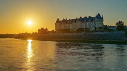 Fototapeta premium Serene Sunset Over Historical Chateau by Water, Illuminating Classic Architecture and Reflections, Evoking Tranquility and Timeless Beauty in Scenic French Landscape