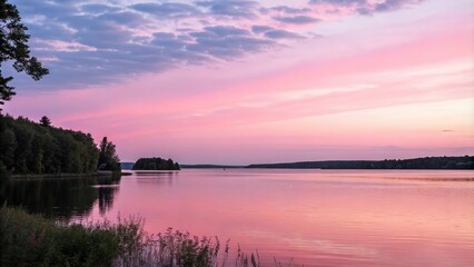 Obraz premium Soft pink pastel sunset over a serene lake, sunset reflection, natural beauty, serene lake scene, calm surroundings