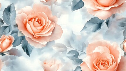 Delicate garden roses in a seamless watercolor pattern, muted pastel colors, soft petals and detailed leaves, hand-drawn style, airy and flowing, intricate floral design, fluid strokes,