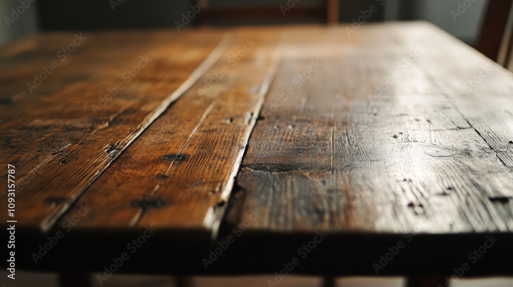Poster rustic wooden table close-up showing detailed grain and texture in natural light, perfect for interi
