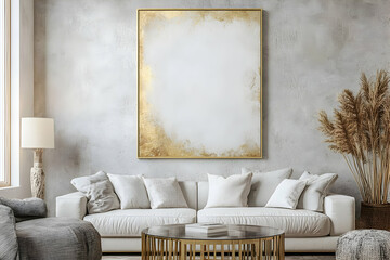 Illustration of Modern Living Room Interior with White Sofa and Gold Frame Art