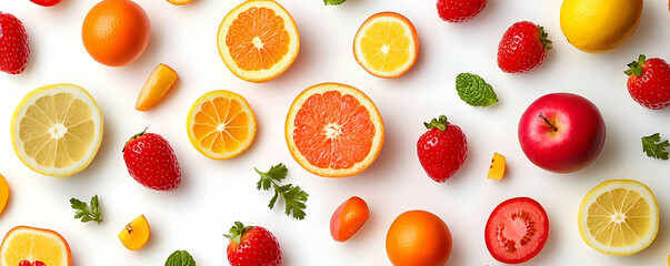 Photo Assorted Fruits Background Apple Strawberry Lemon Orange Grapefruit