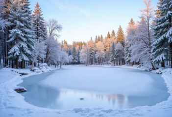 Obraz premium Winter landscape with frozen lake and snow-covered trees in tranquil forest setting