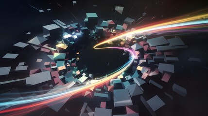 Fototapeta premium Whirlpool of geometric shapes and light streaks in dark space