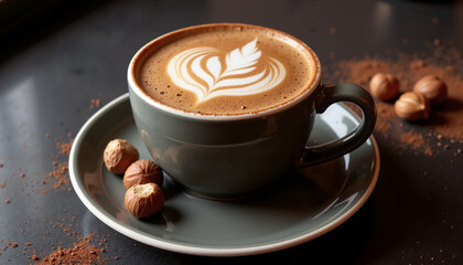 Hazelnut latte with beautiful latte art in a grey cup on a saucer with hazelnuts and cocoa powder
