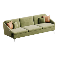 A green couch with brown pillows and a brown pillow on the right